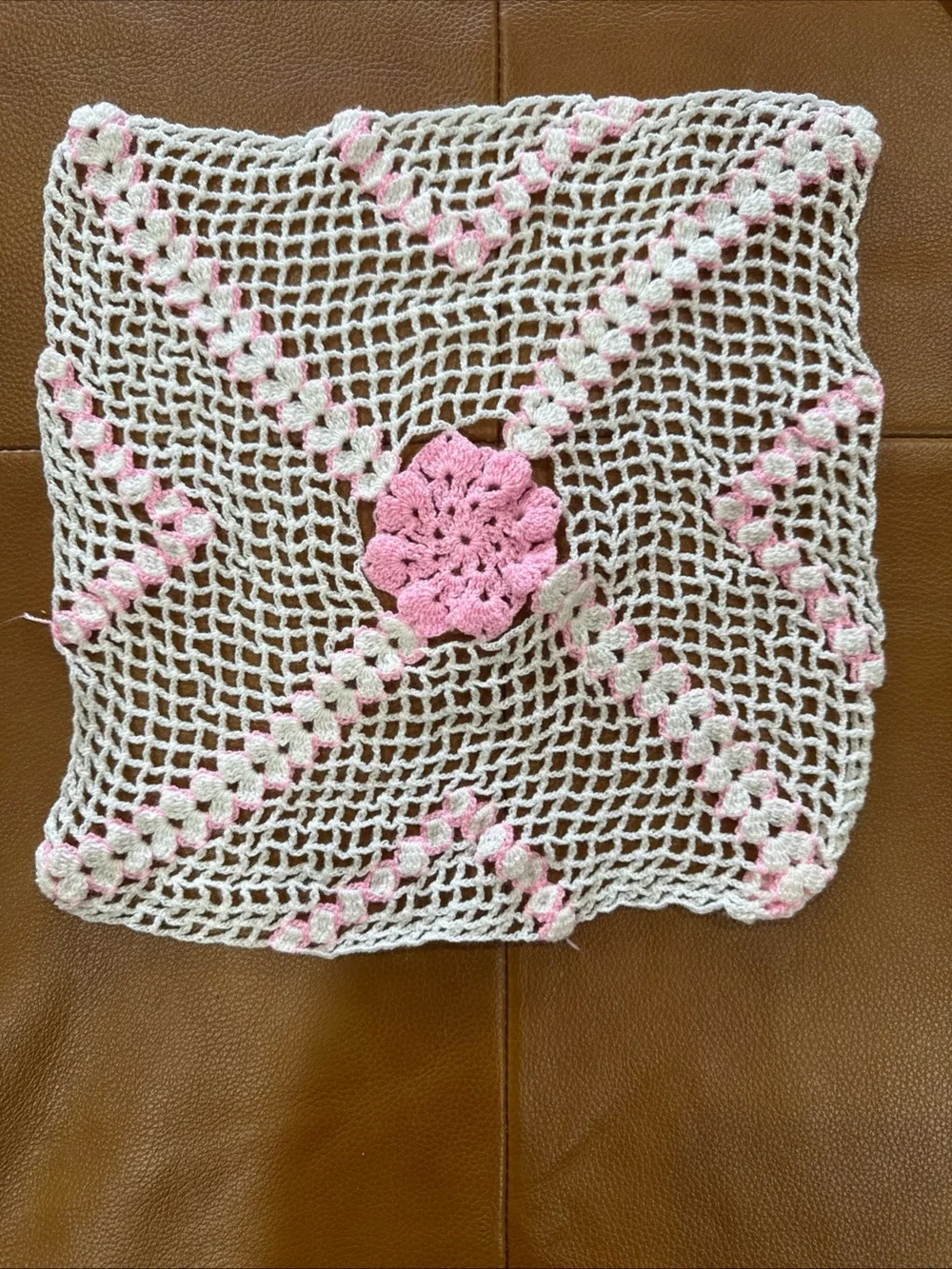 VTG Crochet Doily Lot of 3 Pink White Handmade Round Square Cottagecore Decor